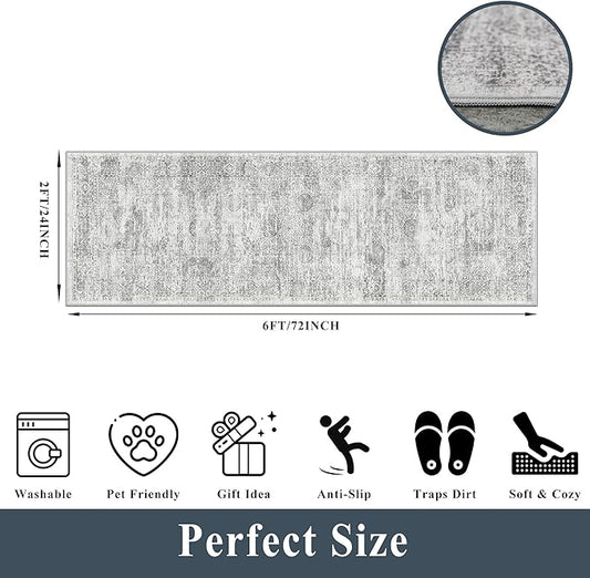 Rug Runners 2x6 Hallway Washable, Non Slip with Rubber Backing Carpet for Kitchen Bathroom Neutral Moroccan Vintage Oriental Distressed Area Rugs for Bedroom Laundry Room Entry Entryway, Grey/Ivory
