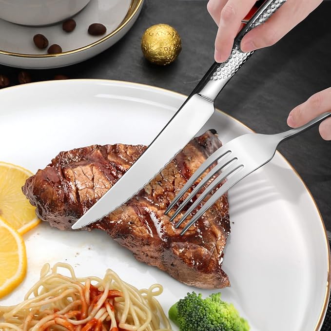 Lemeya 20-Piece Hammered Silverware Set for 4,18/10 Stainless Steel Flatware Set with Serrated Forged Knives,Heavy Duty Cutlery Set for Home & Party Restaurant,Mirror Polished, Dishwasher Safe