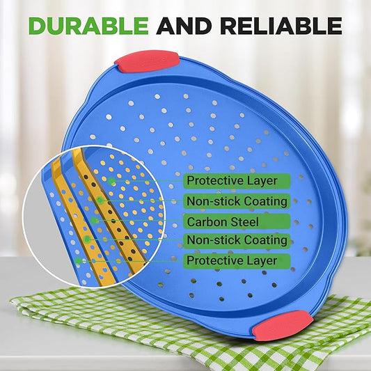 NutriChef 13-Inch Nonstick Pizza Tray - Round Carbon Steel Non-Stick Pizza Baking Pan with Perforated Holes, Premium Bakeware Pizza Screen with Silicone Grip Handles, Dishwasher Safe - Blue
