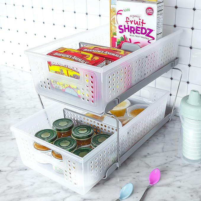 madesmart 2 Tier Organizer, Under Cabinet Storage with Pull Out Sliding Drawers, for Cleaning Supplies, Pantry, Undersink, Sponges, Bottles & Bath, Adjustable Dividers & Pull Out Baskets, Frost