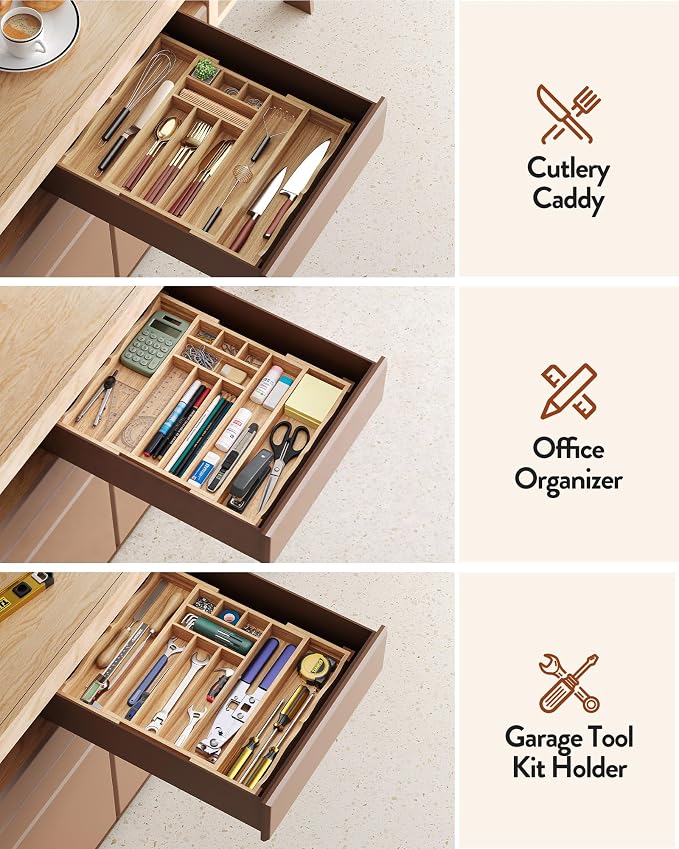 Orimade Oak Expandable Silverware Drawer Organizer, Adjustable Kitchen Utensil Holder & Cutlery Tray Drawer Dividers for Flatware (10 Slot), Large