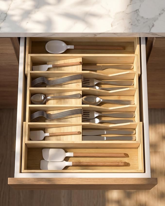 Expandable Utensil Drawer Organizer for Silverware,Bamboo 12 Slot | V-Groove & Anti-Slip Blocks, Vertical Storage,16.7" D x 13”-20" Wx 2.56" H, Cutlery Holder Dividers for Spoons Forks Knives