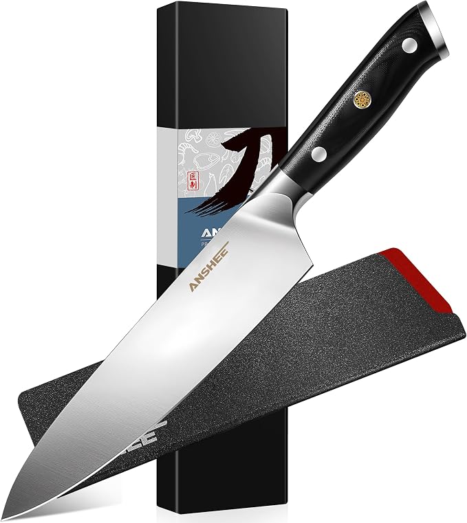 ANSHEE 8 Inch Gyuto Chef Knife - High Carbon Stainless Steel Ultra Sharp Blade,G10 handle Dishwasher Safe, Professional Kitchen Knife for Meat,Vegetables with Sheath Gift Box(Home Cooks & Restaurants)