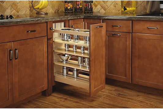 Rev-A-Shelf 8" Pullout Shelf Organizer for Kitchen and Bathroom Base Cabinets, Wooden Slide Out Spice/Medicine Rack with Soft-Close, 448-BCBBSC-8C