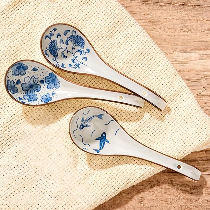Asian Soup Spoons Chinese,3 PCS Ceramic Measuring Spoons for Rice Reman Noodle Wonton Miso Pho Dumpling,Gifts for Friends Family