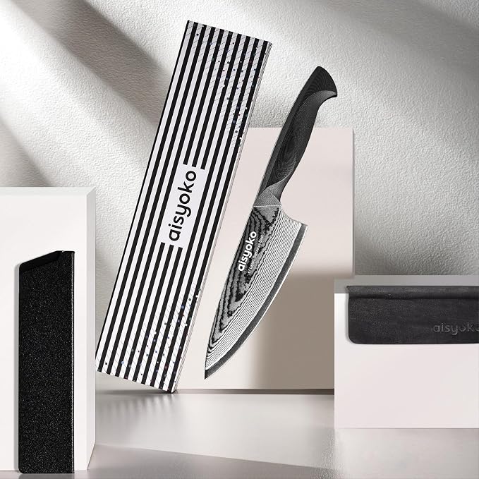 aisyoko Damascus 6.5" Chef Knife Sharp Kitchen Knife Japan VG-10 Stainless Steel Carbon Ultra Sharp Kitchen Cooking Knife, Ergonomic G10 Handle Deluxe Gift Box