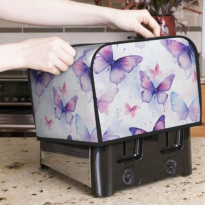 Butterfly Flower Purple 4 Slice Toaster Cover Wide Slot Dustproof Bread Maker Cover Fingerprint Bakeware Protection Kitchen Appliance Cover Toaster Bag