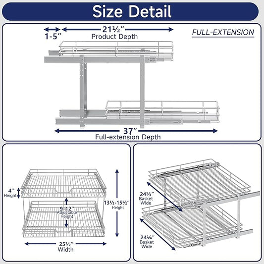 2-Tier Pull Out Cabinet Organizer, 25.5" W x 21.5" D, Heavy Duty Dual Slide Out Shelves for Wide Base Cabinets, Chrome Wire Basket Drawer for Pots, Pans, Pantry & Cleaning Supplies