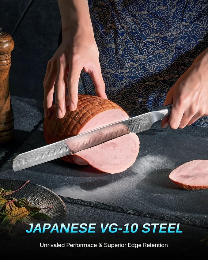 Kyoku 12" Brisket Knife for Meat Carving, UPGRADED Damascus Slicing Knife with Silver PVD Coating for Professional &Home Chefs,Sharp Japanese VG10 Steel Butcher Meat Cutting Knives,BBQ Breaking Slicer