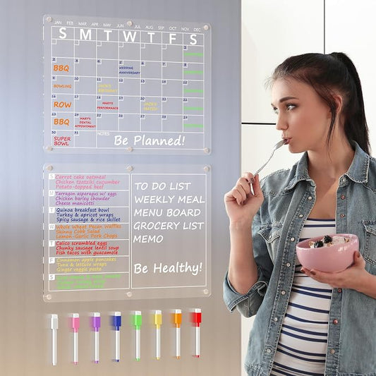 Neatsure Acrylic Magnetic Dry Erase Board Calendar for Fridge, Clear Monthly and Weekly Meal Planner Whiteboard Refrigerator, Menu Board for Kitchen, w/ 8 Colors Markers, 15"x11"