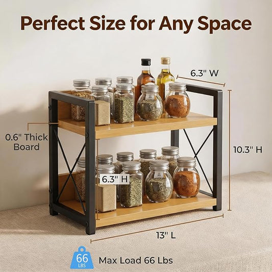 2-Tier Countertop Organizer, Iron-Wood Coffee Station Shelf, Heavy Duty Kitchen Counter Spice Rack for Coffee Bar, Pantry, Bathroom Storage (Bamboo)