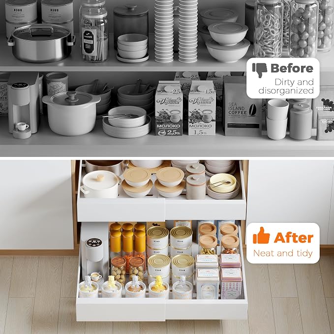 Nacial Pull Out Cabinet Organizer, Large Expandable (17.1"-26.8") Heavy Duty Slide out Drawers with 3 Slides 6 Adhesive, Peel and Stick Pull Out Shelf for Kitchen Pantry Bathroom Organization