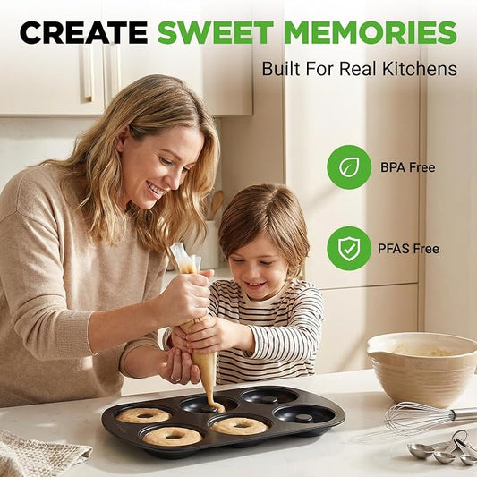 NutriChef Nonstick Donut Pans for Baking | 6 Durable & Easy to Clean Doughnut Molds | Fits Full-Sized Doughnuts | Oven Safe Up To 450F | Bake Perfect Donuts & Bagels | 12.5 x 8.5 Donut Trays | 4 Pack