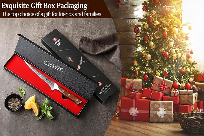 XINZUO 7 Inch Fillet Knife, Damascus Steel with 10Cr15MoV Core, Razor Sharp Boning Knife for Fish, Meat & Seafood, Rosewood Handle