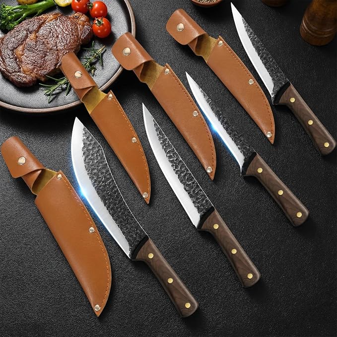MDHAND Butcher Knife Set, Ultra Sharp Hand Forged Meat Cleaver & Brisket Knives & Boning Knife Set With Leather Sheath, High Carbon Steel Kitchen Knife Set for Outdoor & BBQ, Gifts for Men Women