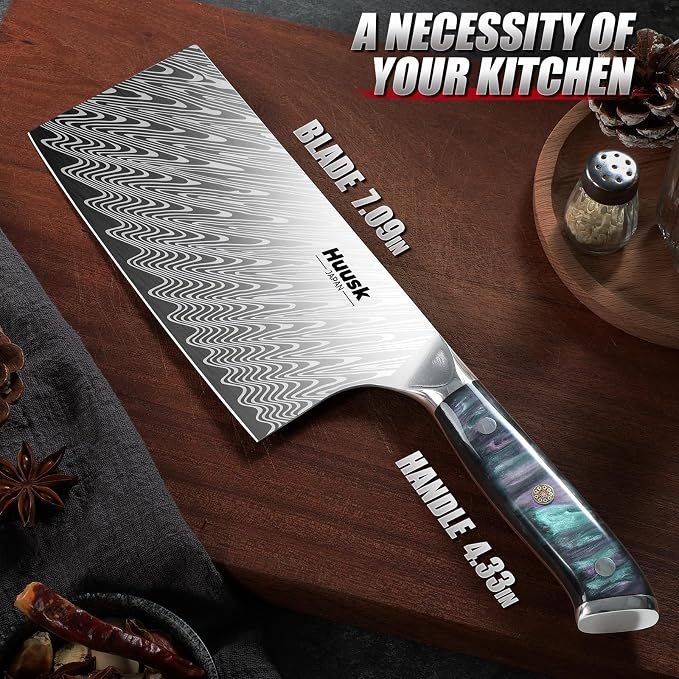 Huusk Stainless Meat Cleaver Knife 7" - Butcher Knife for Meat Cutting with Resin Handle, Heavy Duty Vegetable Chopping Knives with Full Tang Blade, Japanese High Carbon Steel, Gift Idea for Men Women