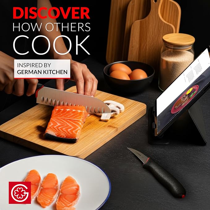 Giesser since 1776, Made in Germany, Santoku 7,5 inch, Ultra Slip Resistant, Dishwashersafe, rustfree, Japanese Chef Knife with small Peeling Knife