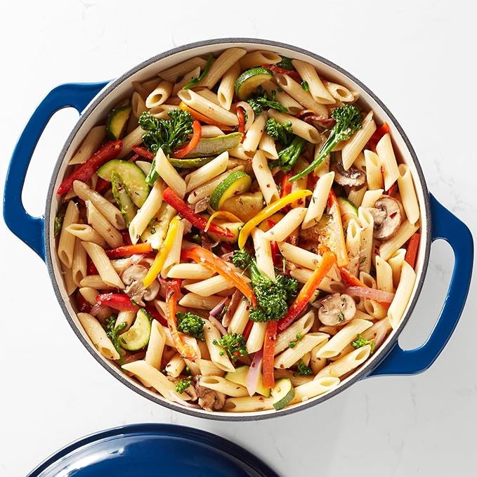 Amazon Basics Enameled Cast Iron Dutch Oven Pot with Lid, Round, Dual Handles, Heavy-Duty, Oven Safe for Stews, Roasting, Baking, 6-Quart, Navy