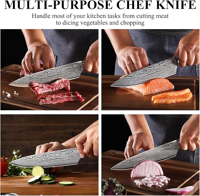 Sunnecko 8 Inch Chef Knife - Ultra Sharp 12-15 Degree Edge Kitchen Knife for Meat Vegetable Cutting Japanese Style, High Carbon Stainless Steel Blade, Pakkawood Handle &Sheath, Cooking Father Day Gift