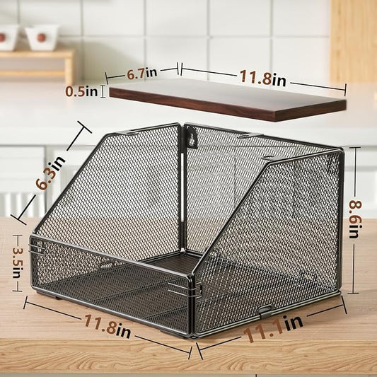 Stackable Fruit Basket for Kitchen Countertop Space Saving, Wall Mounted Mesh Metal Wire Basket with Wood Lid Extra Storage, 2 Pack Kitchen Counter Organizer for Snack, Onion and Potato Storage, Black