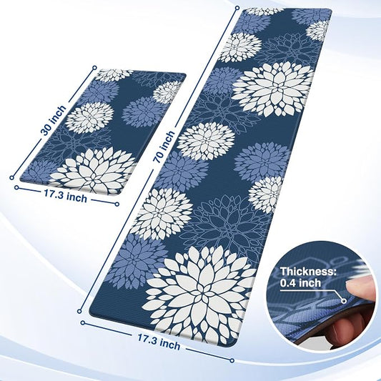Kitchen Mats, 2PCS Non-Slip Cushioned Rugs, Anti-Fatigue Waterproof Floor Rug, Washable Standing Desk Mat, Home Laundry Office Apartment Decor and Accessories (17.3" ×70" +17.3" ×30"-Blue)