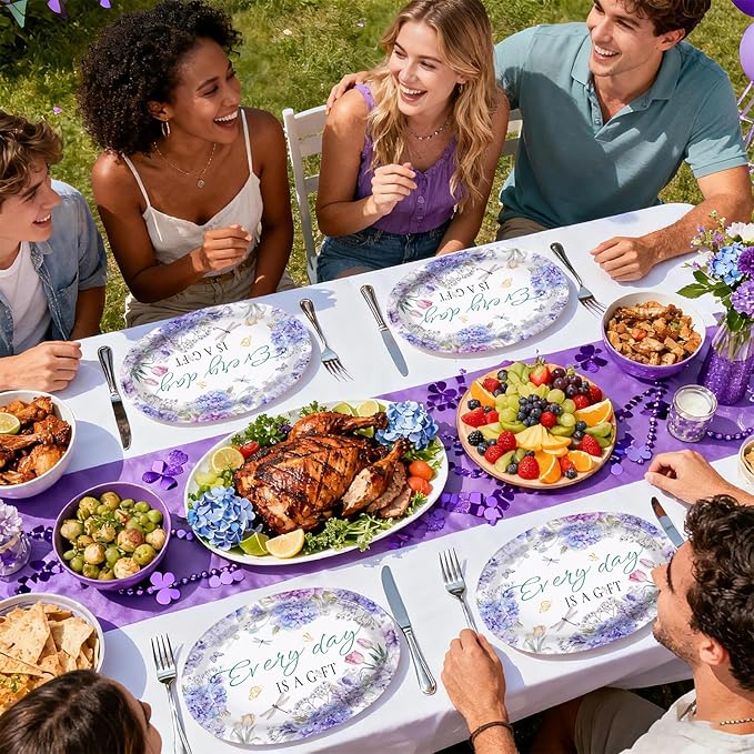 50Pcs Hydrangea Oval Paper Plates 10" x 12" Large Disposable Heavy Duty Purple Floral Dragonfly Paper Platters Every Day Is A Gift Dessert Plates for Wedding Bridal Shower Dinner Party Supplies