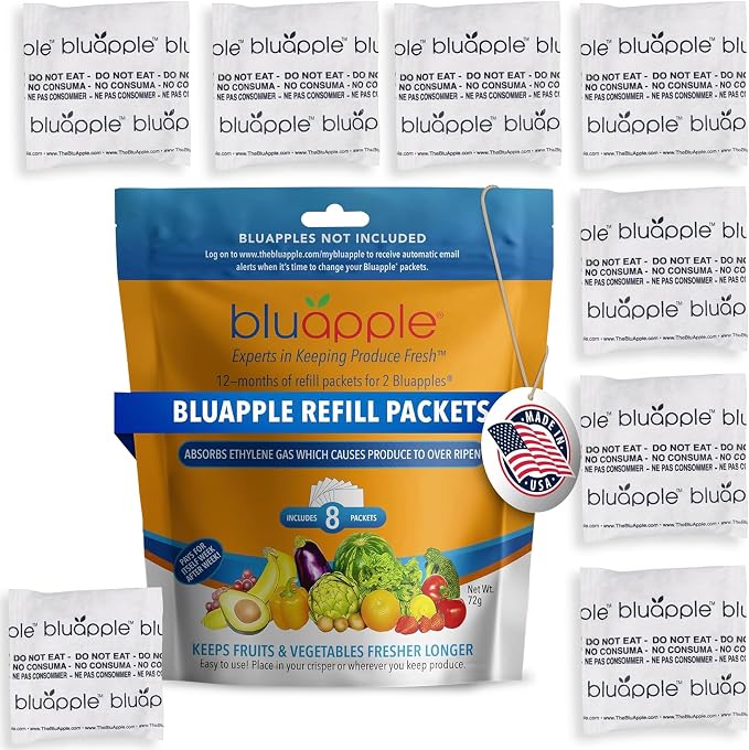 Bluapple Produce Saver Ethylene Gas Absorber - Fresh Fruit & Vegetable Storage, Food Savers for Refrigerator, 8 Packets (9g each), Each Packet Lasts 3 Months, Kitchen Must Haves, USA Made - Refill Kit