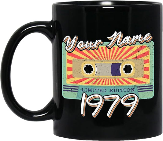 Personalized Vintage Cassette Tape Vintage 1979 Mug, Custom Your Name, 1979 Retro Coffee Mug, 43rd Birthday Present Gifts, 1979 Birthday Gift For Friends Family, Customizable Black Tea Cups