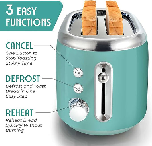 MUELLER HOME Retro Toaster 2 Slice, 7 Browning Levels, 3 Functions (Reheat, Defrost, Cancel), Stainless Steel Features, Removable Crumb Tray, Under Base Cord Storage, Turquoise