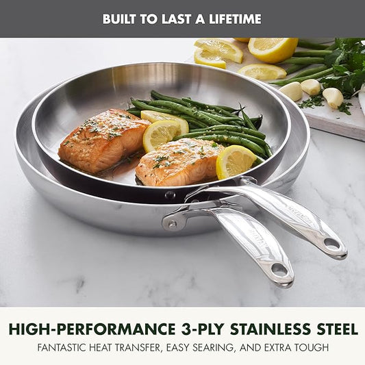 GreenPan Valencia Pro Tri-Ply Stainless Steel 10" & 12" Frying Pan Skillet Set, Induction Ready, Mirror Finish, Dishwasher Safe & Oven/Broiler Safe to 600F, Compatible with All Cooktops
