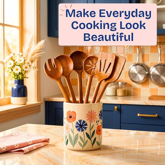 Non-Toxic Wooden Spoons for Cookingโ 7-Piece Kitchen Utensils Set, Glue-Free & One-Piece Cooking Utensils, Natural Wooden Utensil Set with Plant-Based Finish, Free of Forever Chemicals