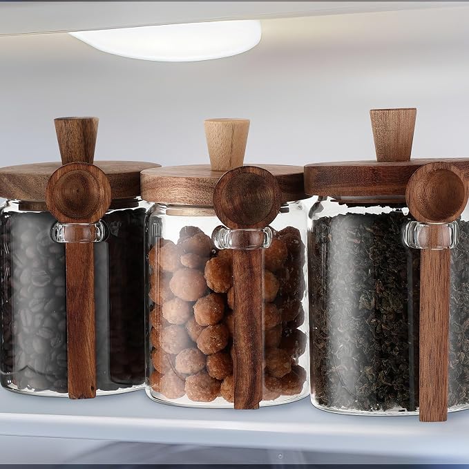 Remerry Set of 4 Glass Jar with Wooden Lid and Spoon, 20 oz Coffee Bean Tea Sugar Jar Set, Clear Airtight Spice Canisters Glass Food Storage Kitchen Containers for Coffee Bean Tea Sugar