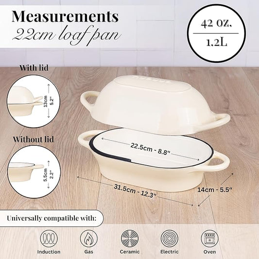Dutch Oven For Sourdough Bread Baking โ Enamelled Cast Iron Bread Loaf Pot โ Oven Safe Non Stick Bread Pot โ Rectangular, Cream, 24cm x 16cm โ by Nuovva
