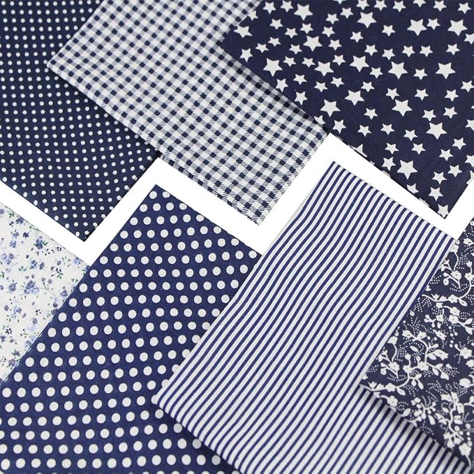 7PCS Different Patterns Printed Cotton Fabric Squares 50 cm x 50 cm Handmade Craft Cloths Bundle for Sewing Patchwork, Quilting, DIY Scrapbooking Tissue (Navyblue)
