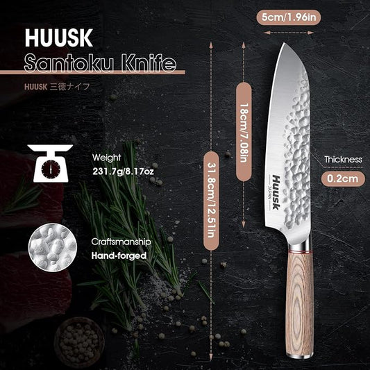 Huusk Japanese Chef Knife for Home & Kitchen - 7" Stainless Santoku Knife with Ultra Sharp High Carbon Blade, Cooking Knifes for Vegetable & Meat Cutting with Wood Handle, Gift Idea for Cooking Lovers