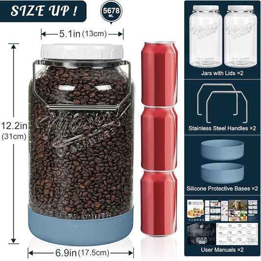 1.5 Gallon Huge Glass Jar with Airtight Lid, Wide Mouth Large Mason Jars for Fermenting, Pickling, Canning, Water Glassing Eggs, Kombucha, and Food Storage – with Handle & Scale Marks(2 Packs)