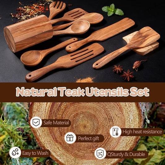 MYRAINBOW Wooden Spoons for Cooking, 10-Piece Teak Wooden Cooking Utensil Set with Holder, Nonstick, Heat Resistant Kitchen Utensils, Durable Wooden Cooking Spoons, Kitchen Cooking Gifts for Women Men