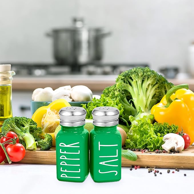 Green Salt and Pepper Shakers Set by Brighter Barns - Modern Farmhouse Kitchen Decor for Home, Restaurants, Airbnb - Cute Kitchen Decor and Accessories - Glass Shakers & Stainless Steel Lids (Green)