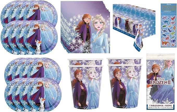 Unique Disney Frozen Elsa Anna Party Supplies Bundle Pack for 16 includes 16 Dessert Plates, 16 Napkins, 16 Cups, 1 Table Cover, 1 Dinosaur Sticker Sheets