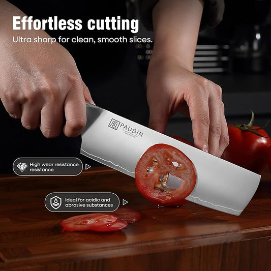 PAUDIN Nakiri Knife 7 Inch,Damascus High Carbon Steel Kitchen Knife 62 HRC, Ultra Sharp Vegetable Chopping Cleaver and Meat Slicing Asian Chef Knife for Home Cooks, Gift Box Included for Women and Men