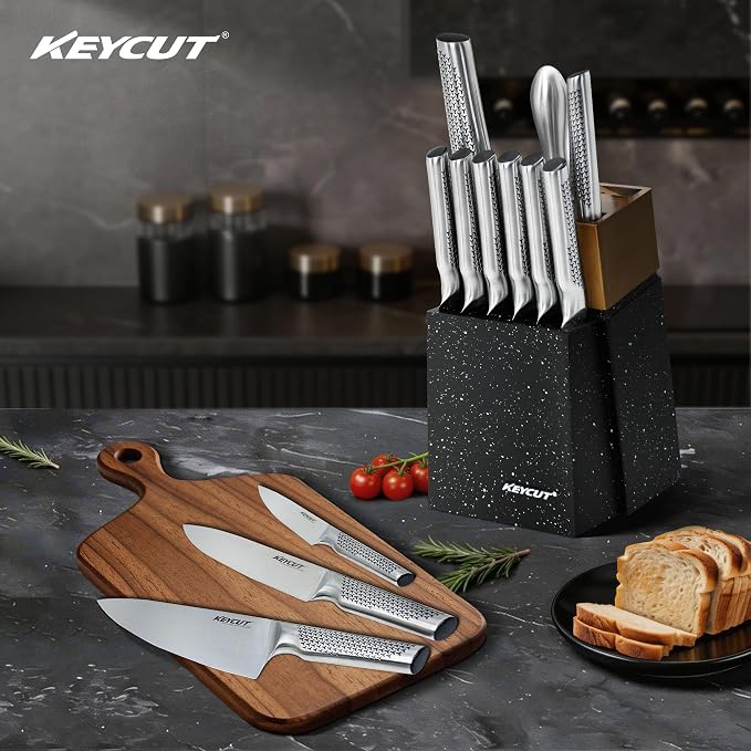 KEYCUT 13 PCS Knife Set with Block, Upgraded 5Cr15Mov High Carbon Stainless Steel Kitchen Knife Sets with Block and Sharpener, Ergonomic Full-Tang Handle, Professional Kitchen Knife Set