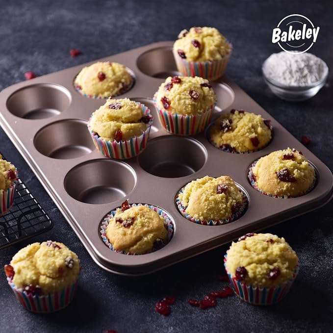 Muffin Cake Pan 12-Cavity, Heavy Duty Carbon Steel, Non-Stick Cupcake Pan, Bakeware for Oven Baking Brownies, Cheesecakes (Champagne Gold)