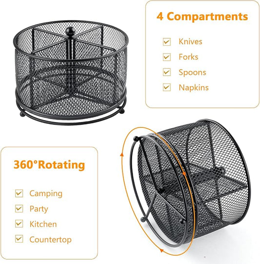 360° Rotating Metal Utensil Caddy - 4 Compartment Silverware Cutlery Holder Rotation Fork Spoon Napkin Organizer Flatware Storage Basket Party Countertop Buffet Picnic Camping Outdoor Black