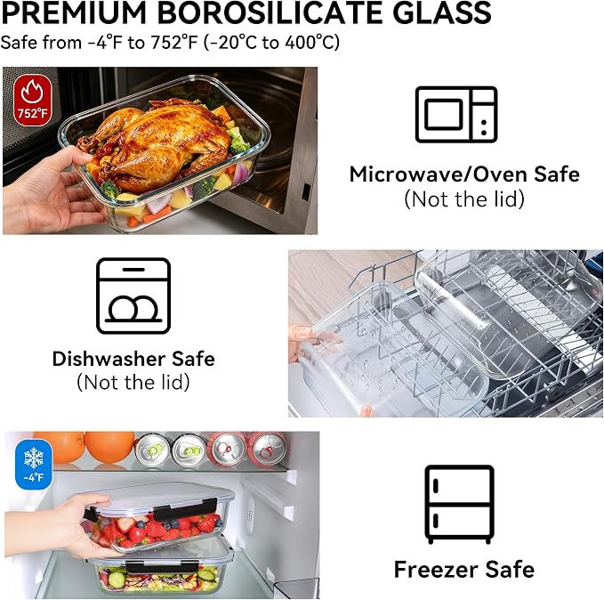 GEHE 2 Pack 78oz Large Glass Storage Containers with Lids, Meal Prep Container, Glass Food Storage Containers for Roasting, Serving, Leakproof, Microwave, Freezer and Dishwasher Safe, BPA Free
