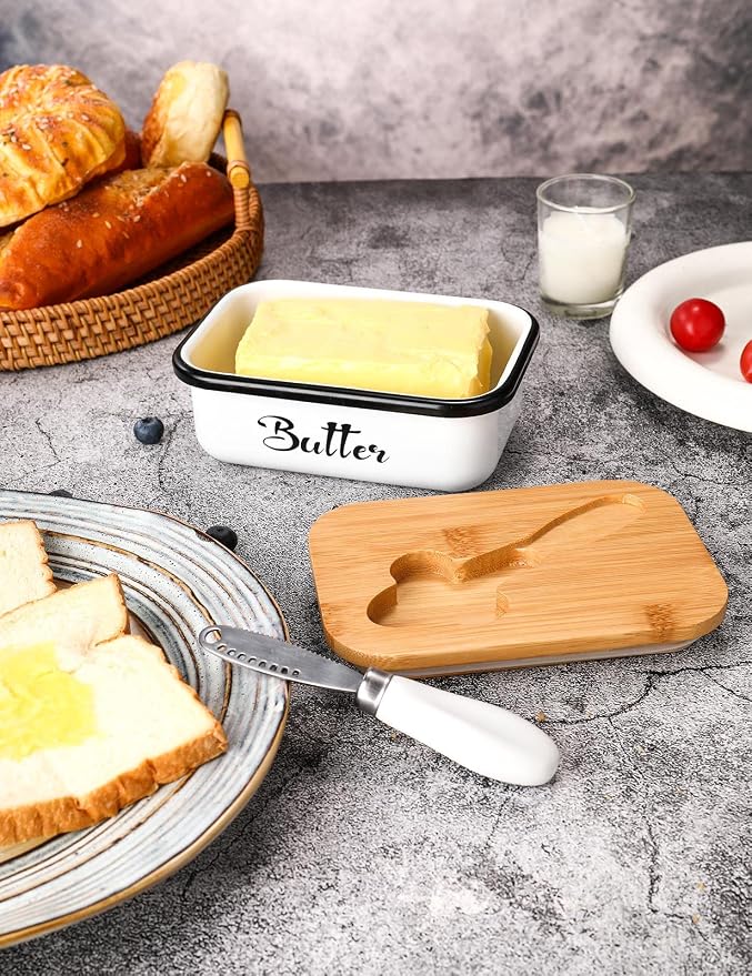 Butter Dish with Lid for Countertop, AISBUGUR Metal Butter Keeper with Stainless Steel Multipurpose Butter Knife, Butter Container with Double High-quality Silicone Good Kitchen Gift Set of 2 White