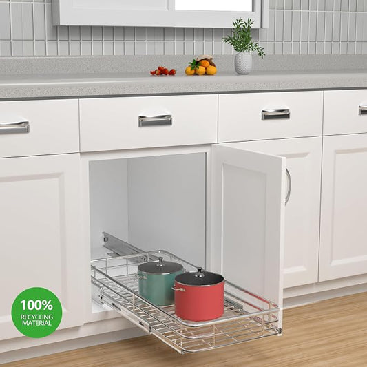JOWBOOW Sliding Cabinet Organizer Pull Out Shelves (11.7" W x 21" D), Heavy-Duty Slide Out Shelf, Steel Metal Cabinet Roll Out Shelves for Kitchen Bathroom, Chrome