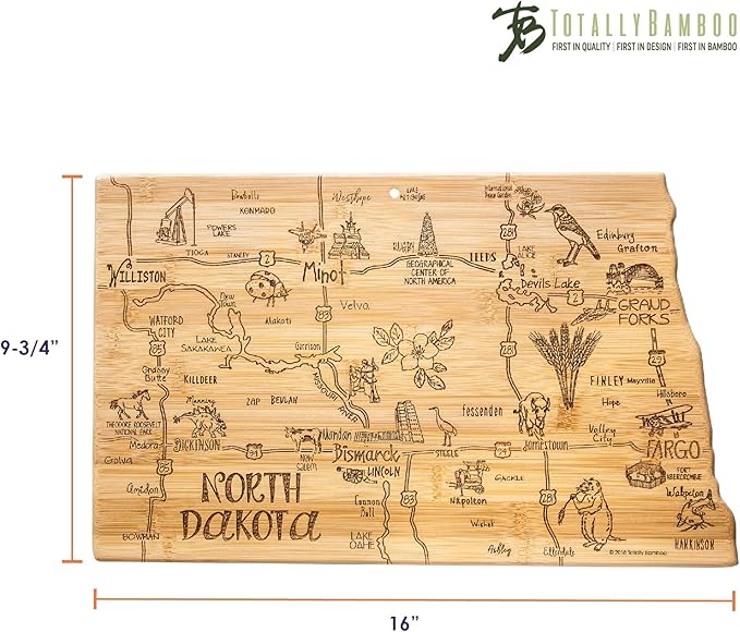 Totally Bamboo Destination North Dakota State Shaped Serving and Cutting Board, Includes Hang Tie for Wall Display