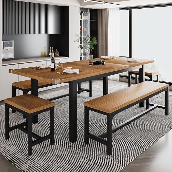 iPormis 5-Piece Dining Table Set for 4-8 People, Extendable Kitchen Table Set with 2 Benches and 2 Square Stools, Mid-Century Dining Room Table with Metal Frame & MDF Board, Saving Space, Walnut