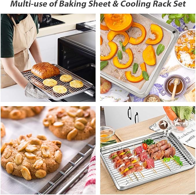 HUSHIDA Stainless Steel Baking Sheet Pan Set, 16 x 12 inches, Includes 2 Sheets + 2 Cooling Racks, Silver, Chemical Free