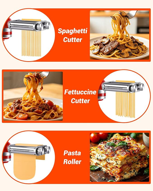 Pasta Maker Attachment for KitchenAid Mixers, Pasta Attachments 3 in 1 Set Included Dough Roller, Spaghetti and Fettuccine Cutters, Noodle Maker Accessory